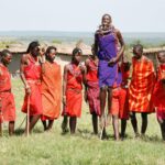 Group of Maasai people in traditional attire performing a vibrant dance ceremony outdoors.
