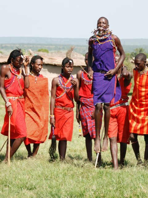 Group of Maasai people in traditional attire performing a vibrant dance ceremony outdoors.